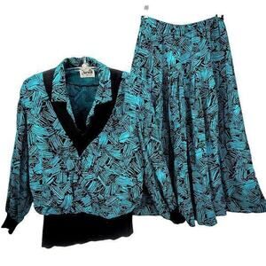 Secrets‎ Vintage Geometric  V-neck Sweatshirt Shirt Pleated Maxi 2 Piece Outfit